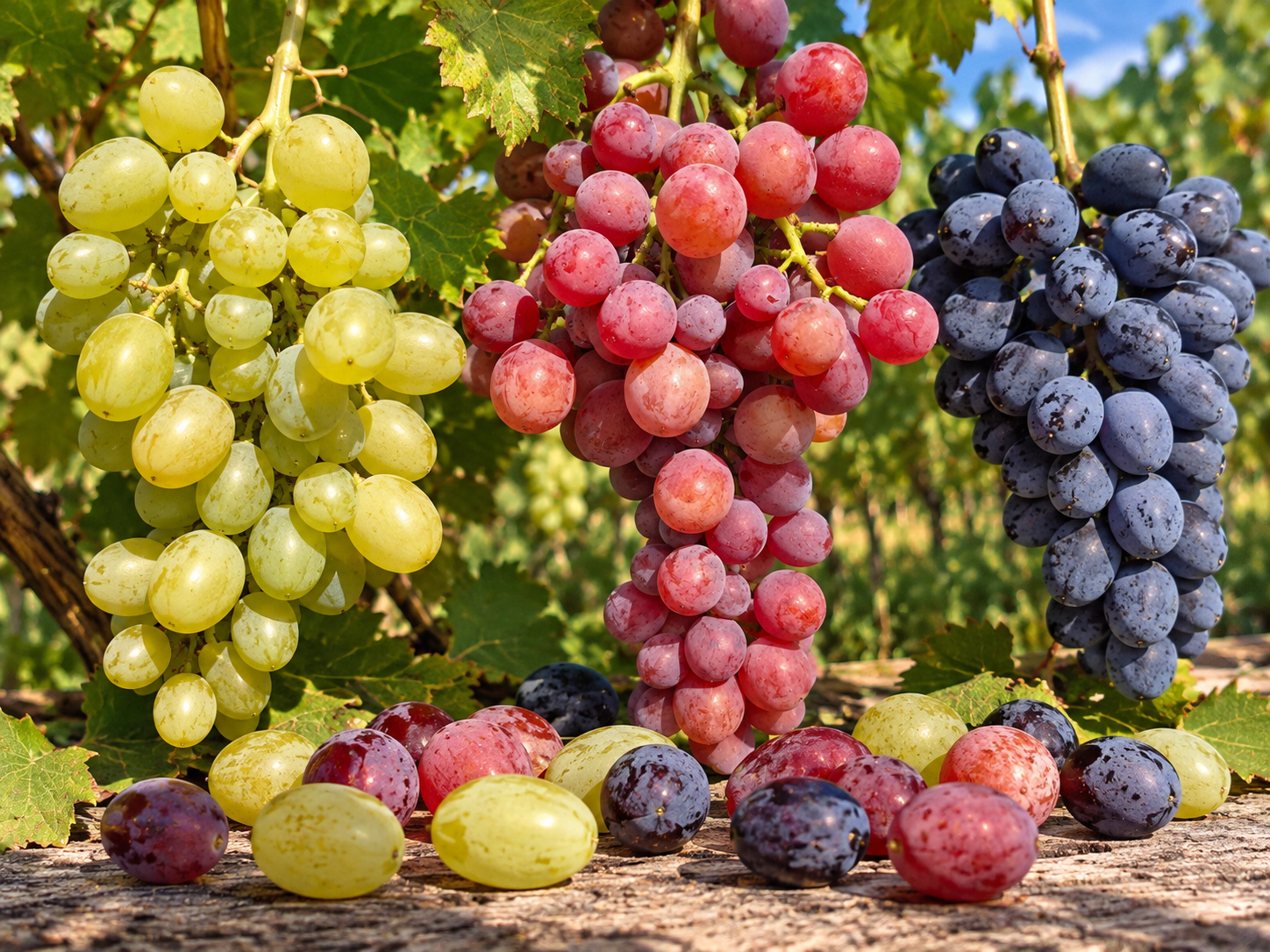 Helle, rote und blaue Tafeltrauben mit einzelnen Beeren im Vordergrund