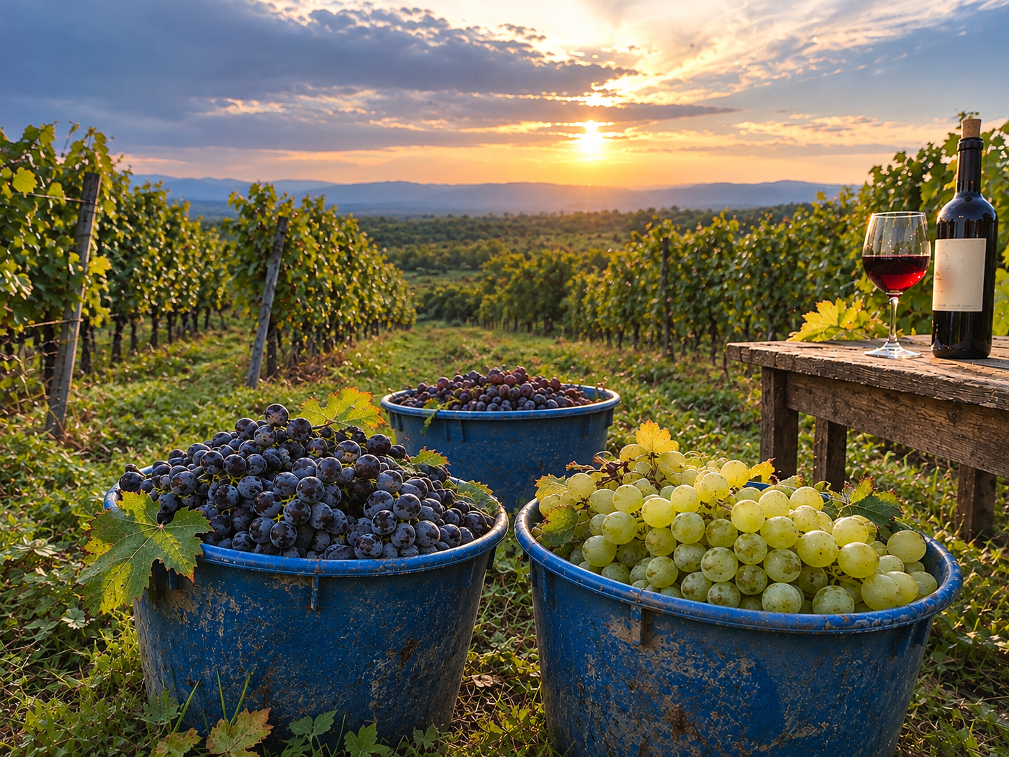 Drei Leseeimer mit hellen und dunklen Trauben im Weinberg bei Sonnenuntergang
